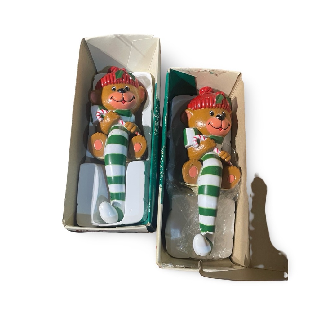 2 Vintage Holiday Bear Stocking Hangers Christmas Decorations